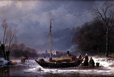 Boeren bij een Boot op een Bevroren Rivier