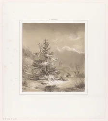 Winterlandschap met naaldbomen en man met slee