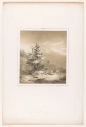 Winterlandschap met naaldbomen en man met slee