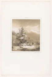 Winterlandschap met naaldbomen en man met slee