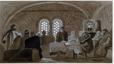 De douma in de tijd van de Bojaren (boiards, boiars) (De Bojaren Douma). Raadgevende raad van de prinsen van Kiev Rusland (Ruthenië) in de tijd van tsaar Michael I van Rusland (1596-1645). Werk van Andrei Petrovich Ryabushkin (Riaboutchkine) (1861-1904), a