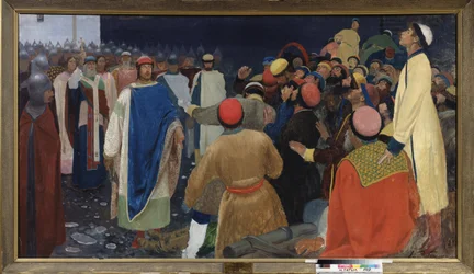 Prins Gleb Sviatoslavitch doodt een volkhve op een veche in Novgorod
