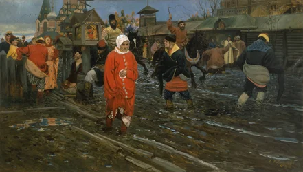 Zeventiende-eeuwse straat in Moskou op een feestdag