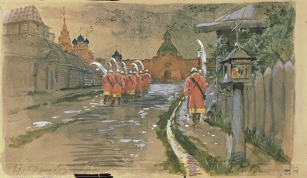Strelets patrouille bij de Ilyinsky-poorten in Oud-Moskou, 1897