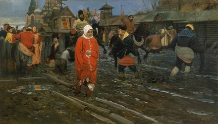 Een 17e-eeuwse straat in Moskou op een feestdag