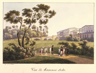 Uitzicht op de Cameron-galerij in het park in Tsarskoye Selo, voor 1817