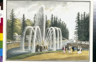 Uitzicht op de Samson-fontein in de bovenste tuinen van Peterhof