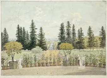 Uitzicht vanaf het terras van het Oranienbaum-paleis in Lomonossov