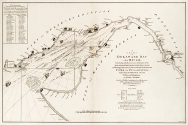 Een kaart van Delaware Bay en rivier, met een volledige en exacte beschrijving van de kusten, kreken, havens, dieptes, zandbanken en oriëntatiepunten, van de Capes tot Philadelphia