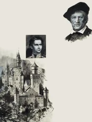 Ludwig II van Beieren en zijn kasteel bij Neuschwanstein (gouache op papier)