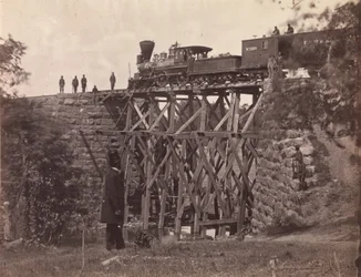 Brug op de Orange en Alexandria spoorweg, gerepareerd door legeringenieurs onder kolonel Herman Haupt, 1865