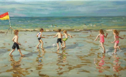 Strandvoetbal, Sheringham, 2018 (olieverf op doek)