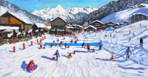 Kinderen sleeën, Les Gets, Frankrijk