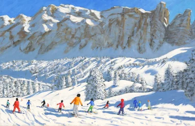 Kleurrijke skiërs, Val Gardena, Italië