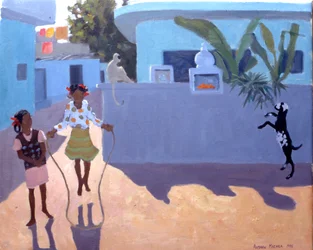 Huppelend meisje, aap en geit, India