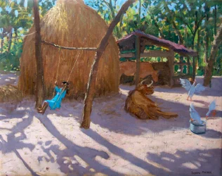 Hooiberg en meisje op een schommel, Kerala (olieverf op doek)