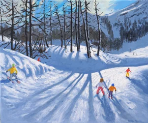 Lange boomschaduwen en skiërs, Tignes