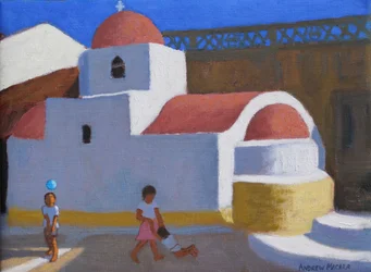 Spelen bij de kerk, Karpathos, Griekse eilanden
