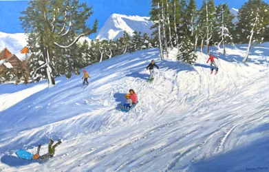 Sleeën en skiën, Les Arcs, Frankrijk, 2023 (olieverf op doek)