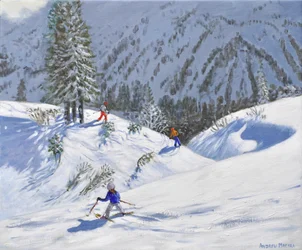 Drie skiërs, Kitzbuehel, Oostenrijk, 2024 (olieverf op doek)