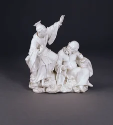 Een Derby Chinoiserie groep emblematisch voor gehoor uit een set van de zintuigen, c.1750-52