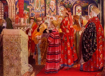 Russische vrouwen van de 17e eeuw in de kerk