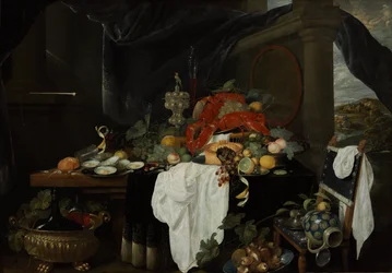 Een Pronkstilleven met fruit, oesters en kreeften
