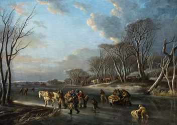 Reizigers in een slee op een rivier in Holland (olieverf op doek)