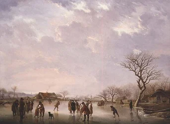 Winterscène met hockeyspelers en andere figuren