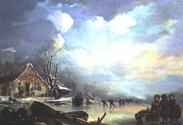 Winterlandschap met huisje en figuren