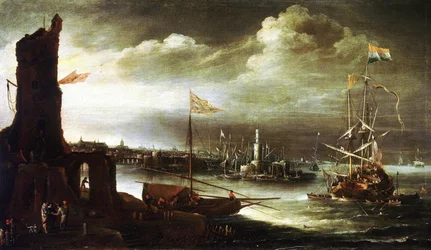 Een Nederlands schip voor anker voor de haven van Genua