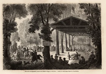 Een school van wederzijdse educatie, in een bos van Virginia (Verenigde Staten), tekening door Janet Lange, ter illustratie van een bezoek aan de Mammoth-grot, Kentucky, in 1859, door M. Pousselgue. Gravure in 