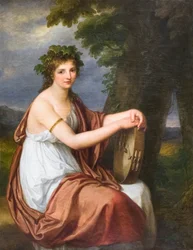 Portret van een jonge vrouw verkleed als Bacchante