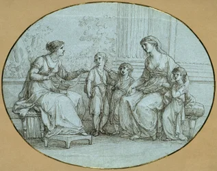 Cornelia, de moeder van de Gracchen, zit (rechts) tegenover een rijke Romeinse vrouw, aan wie zij haar drie kinderen toont als haar kostbaarste bezit