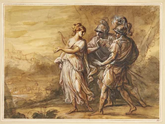 Mythologische Scene. Jonge Vrouw met Boog Keert zich naar Twee Gewapende Mannen