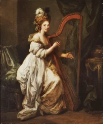 Portret van Elizabeth Ewer, zittend in een witte jurk met een gele sjaal, spelend op een harp, in een interieur