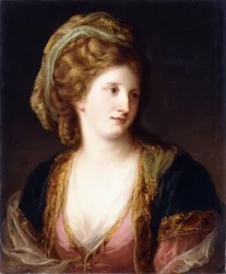 Portret van de kunstenaar, buste lengte, in een roze jurk en een goud geborduurde blauwe mantel, 1767