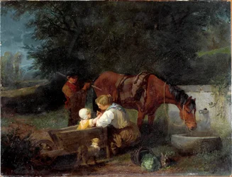 Een boerin met haar kind, een boerenjongen en een paard