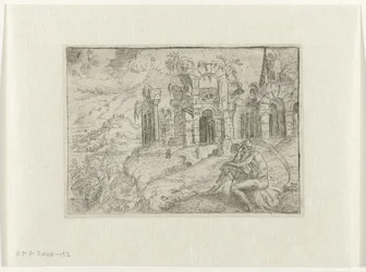Landschap met oude man met zeis