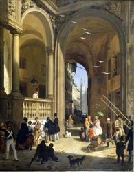 Milaan, Piazza Mercanti, schilderij door Angelo Inganni, circa 1825.