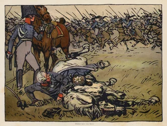 Veldmaarschalk Blücher gevangen onder zijn dode paard bij de Slag om Ligny