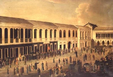 Een uitzicht op de Hongs aan de waterkant van Canton, ca. 1825