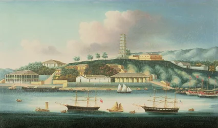 Uitzicht op Whampoa Reach, met een Engelse bark, een Amerikaans schip en zeilboten