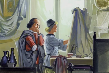 Een jonge Leonardo Da Vinci helpt zijn meester Verrocchio met De Doop van Christus (gouache op papier)
