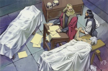 Leonardo Da Vinci onderzoekt de menselijke anatomie aan de hand van lijken van in het ziekenhuis gestorven mannen (gouache op papier)