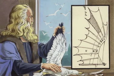 Leonardo Da Vinci bestudeert vogels om te ontdekken hoe een mens kan vliegen (gouache op papier)
