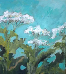 Witte bloesems tegen een turquoise lucht