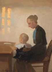 Een interieur met een moeder en kind.
