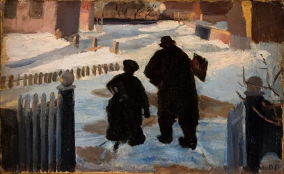 Michael Ancher op weg naar zijn studio vergezeld door de organist Helene Christensen