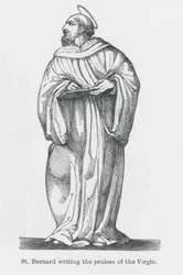 Sint Bernardus die de lof van de Maagd schrijft (litho)
